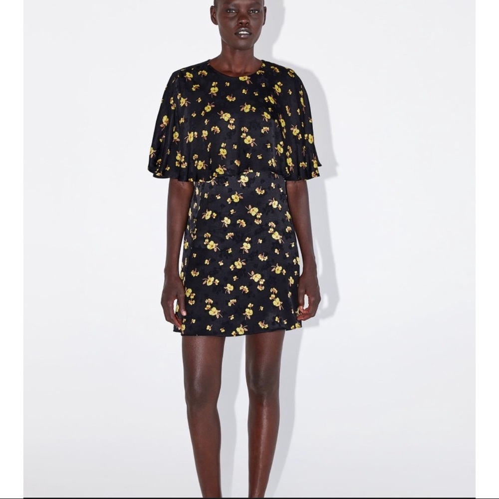 Zara Black Floral Print Cape sleeve Mini dress